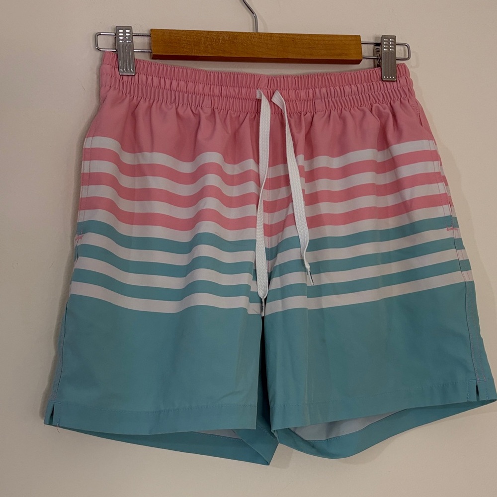 Chubbies Men’s Medium Swim Trunks Pink Blue Striped 5.5” Inseam Preppy Coastal